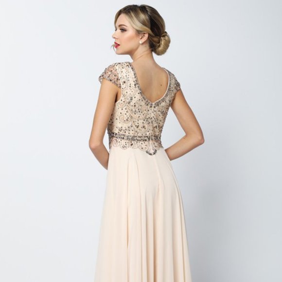 NEW FLOOR LENGTH A-LINE POLYESTER DRESS EMBROIDERED WITH RHINESTONES JT 657 - Picture 6 of 8